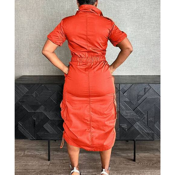 Rust Orange Multi-Pocket Cargo Drawstring Dress – Bold & Functional - Picture 3 of 16
